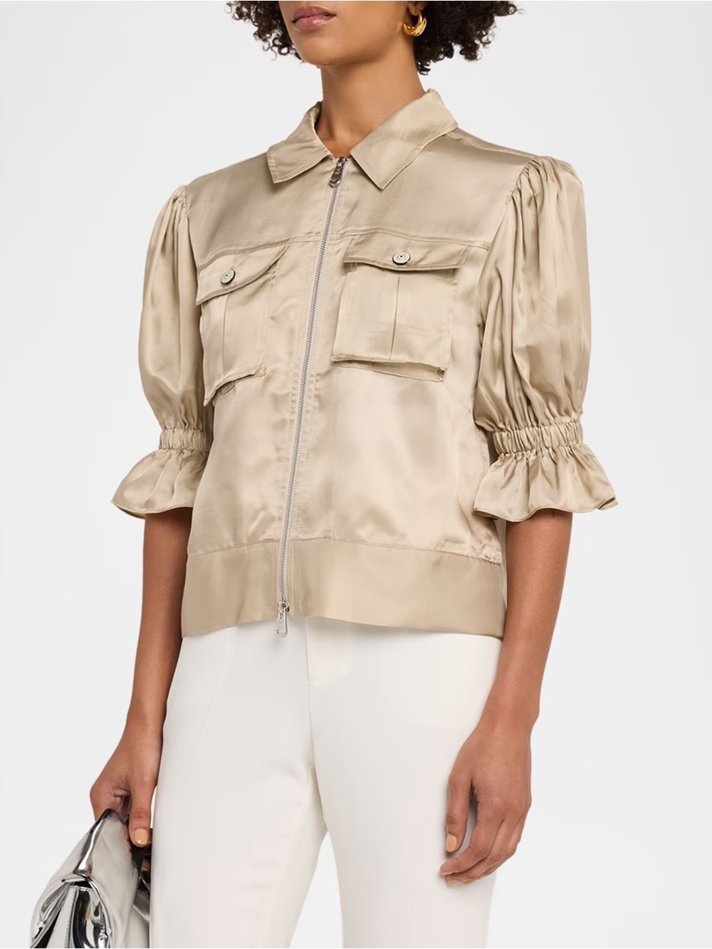 Cinq a Sept Holly Khaki Short Puff Sleeve Satin Utility Jacket Size Medium - Picture 15 of 15